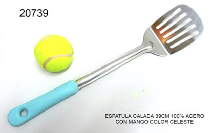 Imagen de ESPATULA CALADA 100% ACERO MANGO COLOR CELESTE 39CM 1.25